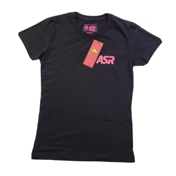 NEW ASR AS Roma Italian Soccer Football Women S Black Tee Hot Pink Logo T-Shirt - Picture 1 of 7